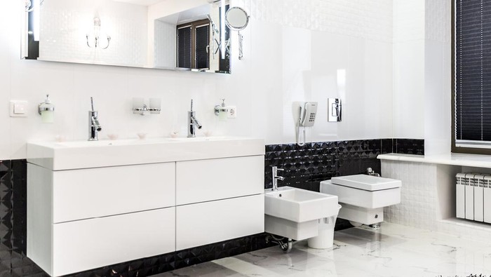 Beautiful Large Bathroom in Luxury Home with double sink, bathtub and bidet