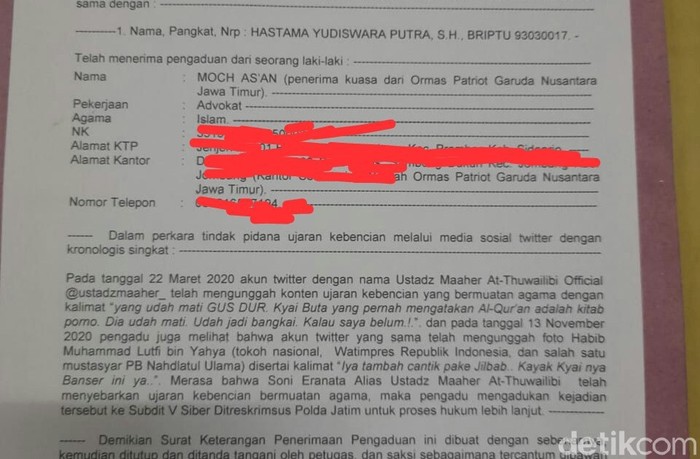 Soni Ernata alias Ustaz Maaher At-Thuwailibi ternyata pernah dilaporkan di Polda Jawa Timur karena dugaan menghina Presiden ke 4 RI Abdurrahman Wahid atau Gus Dur