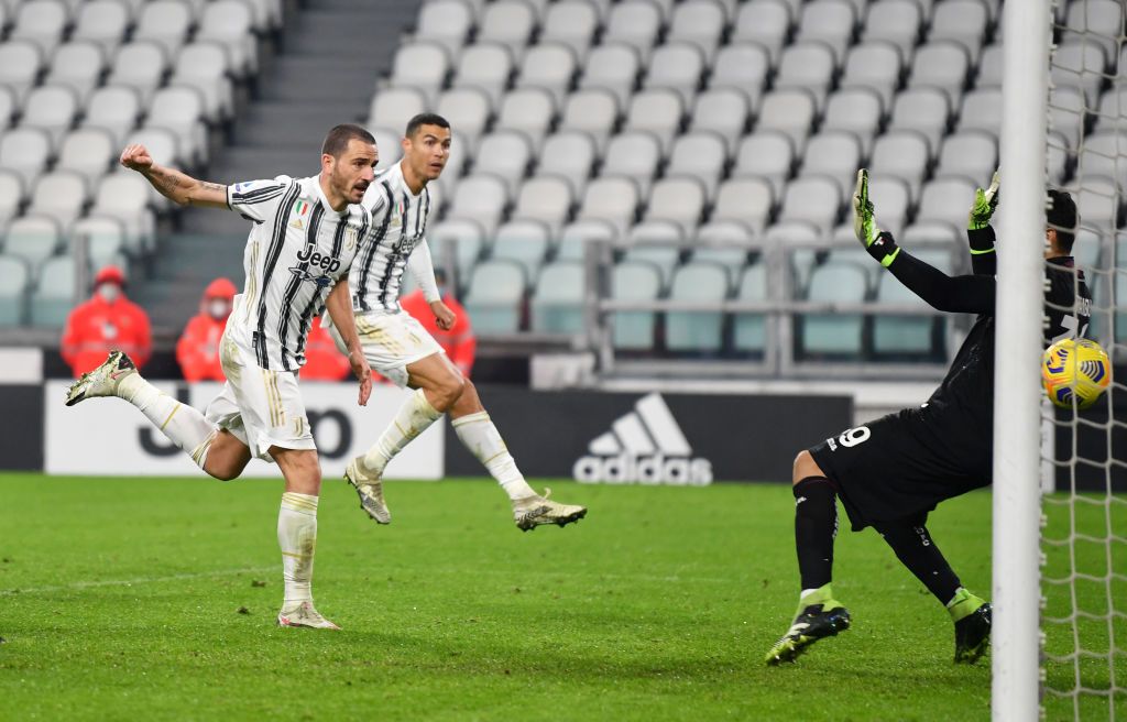Juventus TURIN, ITALY - DECEMBER 05: Leonardo Bonucci of Juventus celebrates with Head Coach Andrea Pirlo after the Serie A match between Juventus and Torino FC at Allianz Stadium on December 05, 2020 in Turin, Italy. Football Stadiums around Italy remain empty due to the Coronavirus Pandemic as Government social distancing laws prohibit fans inside venues resulting in fixtures being played behind closed doors. (Photo by Valerio Pennicino/Getty Images)