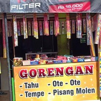 Di spanduknya sih tulisannya gorengan, tapi yang dijual kok petasan ya bund? Mungkin gorengannya disembunyikan, kalau ada yang mau beli baru dikeluarkan. Foto: Twitter/@nocontextwarung