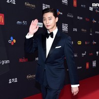 Park Seo JoonSejumlah aktor juga hadir dalam perhelatan akbar dalam industri KPop ini. Park Seo Joon juga terlihat gagah dan mewah mengenakan setelan jas dan dasi kiupu-kupu. Foto: Twitter @MnetMAMA