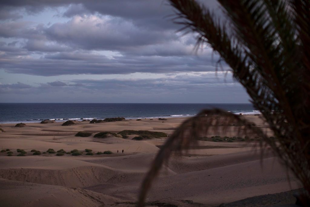 MASPALOMAS, SPAIN - DECEMBER 05: People enjoy the sand dunes at sunset on December 05, 2020 in Maspalomas, Spain. The dunes at Maspalomas have seen a positive transformation during the Coronavirus pandemic due to the lack of tourism on the Island. Conservation efforts over several years to restore the natural habitat have had a boost due to the lack of disturbance, as many of the dunes have regained their shape and height, and vegetation has started to recover. The area which is a site of special scientific interest and a nature reserve is, according to scientists, losing sand at a rate of 45,000 cubic metres per year, and has seen dunes shrinking by several metres over the last 60 years. (Photo by Dan Kitwood/Getty Images)