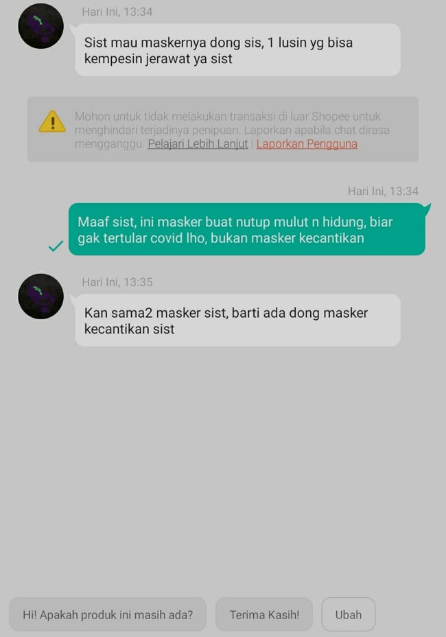 Mohon maaf kak, walaupun sama-sama masker, tapi kan kegunaannya berbeda. Ada-ada saja memang ulah netizen. Foto: Instagram/@dramaolshop.id