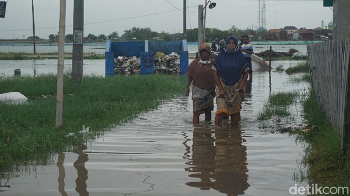 Sejumlah warga di Desa Gebangarum, Kecamatan Bonang, Demak, harus terabas banjir rob untuk pergi ke TPS Pilkada 2020, Rabu (9/12/2020).