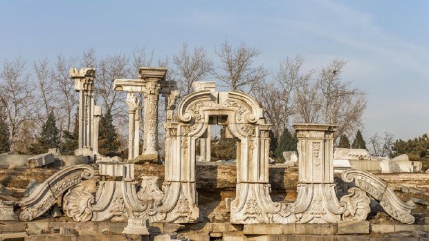 Beijing, China - December 10, 2015: Yuanmingyuan Ruins, previous Imperial Garden of Qing Dynasty, built in the 18th and early 19th century, ruined by British and French invaders in 1860.