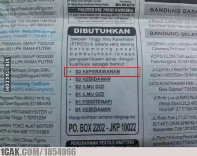 Mau tanya, emang ada jurusan keperawanan ya? Pasti yang nulis typo nih. Harusnya keperawatan kali bund.. Foto: 1cak.com