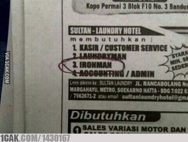 Jangan sedih guys, bukan Ironman manusia super itu kok yang dimaksud. Maksudnya tuh orang yang bisa menyetrika. Moga-moga abis ini Hulk nggak ikutan ngelamar ya.. Foto: 1cak.com