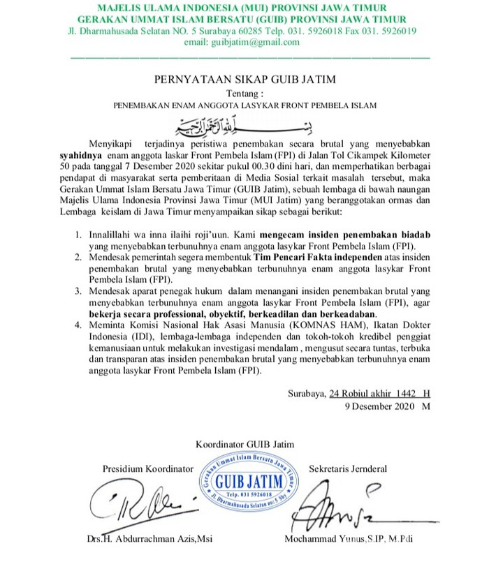 GUIB Jatim Kecam Penembakan 6 Laskar FPI