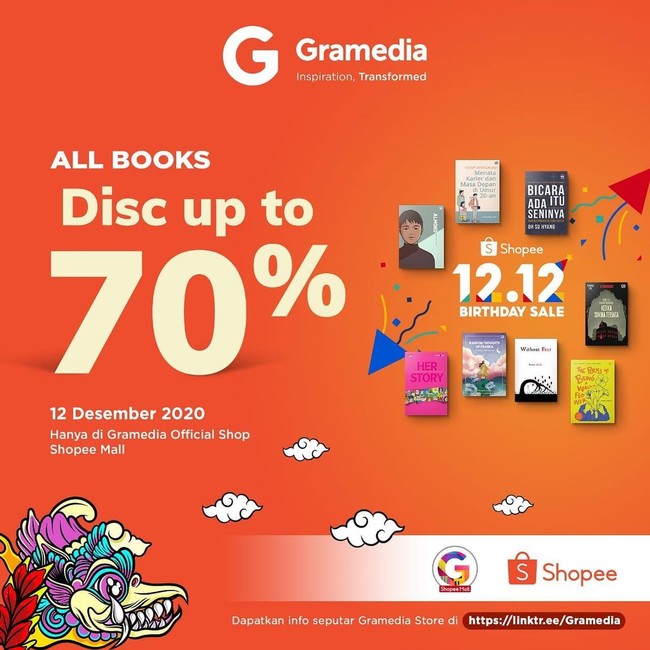 Gramedia Mungkin kamu lebih membutuhkan buku dari pada busana atau kosmetik. Gramedia juga memberikan penawaran 12.12 dengan diskon hingga 70% di Shopee. Jangan kelewatan. Foto: Internet