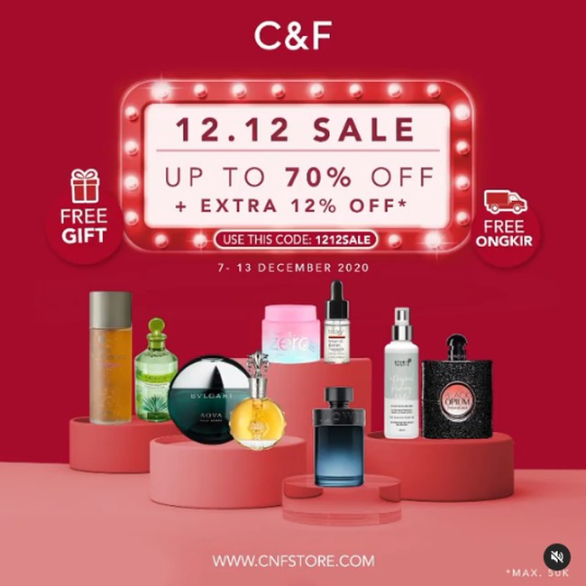 C&FPromo Harbolnas 12.12 juga diberikan oleh C&F. Kamu yang mencari kosmetik dari berbagai branda dapat mencarinya di situs atau tokonya. Ada diskon 70% dengan ekstra diskon 12% yang ditawarkan hingga 13 Desember. Foto: Internet