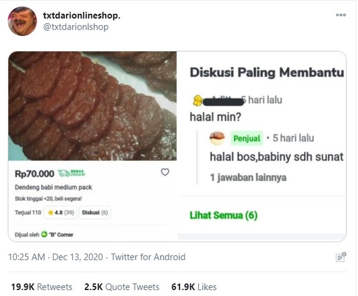 Jawaban Kocak Penjual Dendeng Babi yang Viral di Twitter
