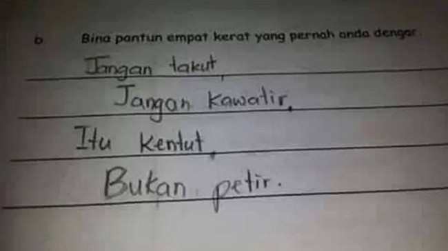 Walaupun nyeleneh tapi yaa boleh juga lah ya. Kira-kira dikasih nilai berapa nih ya sama gurunya? Foto: Facebook/Rozza Aziz