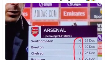 Bahkan jadwal pertandingan selanjutnya pun berbunyi HAHA seakan meledek Arsenal. Foto: Twitter