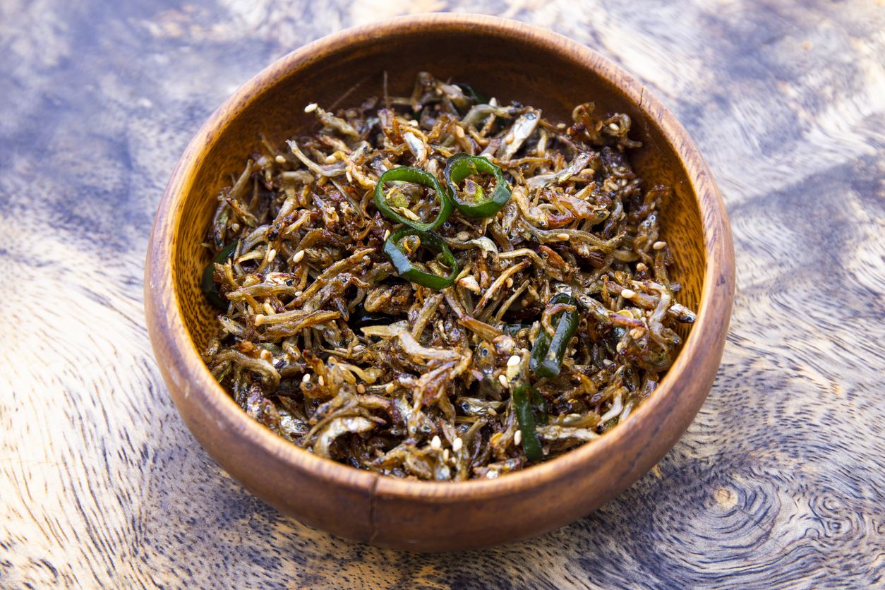 Soy sugar glazed anchovies with green chili which is called Myulchi Bokkeum