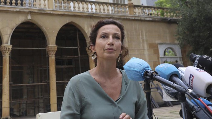 UNESCO Director-General Audrey Azoulay speaks during a press conference at Sursock Palace which was damaged by the colossal explosion at the port, in Lebanons capital Beirut on August 27, 2020. (Photo by ANWAR AMRO / AFP)