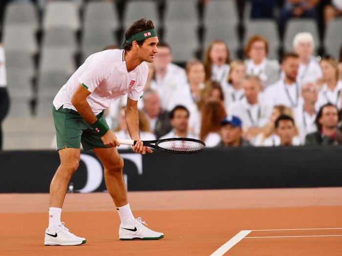 CAPE TOWN, SOUTH AFRICA - FEBRUARY 07: Roger Federer of Switzerland during the Match in Africa between Roger Federer and Rafael Nadal at Cape Town Stadium on February 07, 2020 in Cape Town, South Africa. (Photo by Ashley Vlotman/Gallo Images/Getty Images)