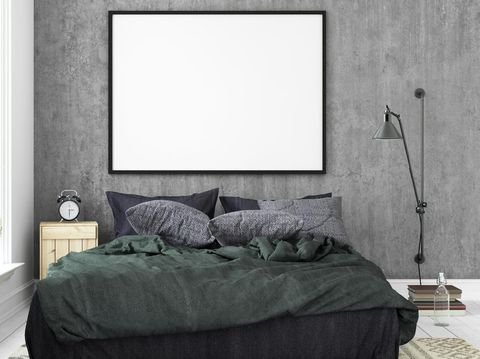 Blank picture poster frame template. hipster design bedroom with concrete wall. Dark gray bed. interior with window, hardwood floor, pillows. Horizontal render