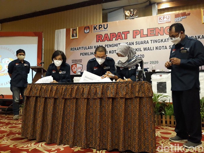 Penandatanganan berita acara rekapitulasi hasil penghitungan suara tingkat kota Pilkada Solo 2020, Rabu (16/12/2020).