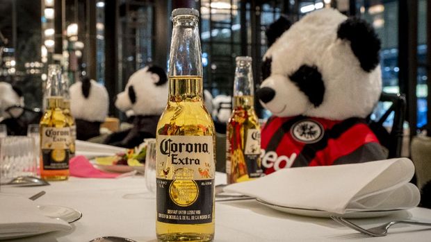 Plush pandas and Corona beer bottles decorate the tables of a closed restaurant in Frankfurt, Germany, Tuesday, Nov. 24, 2020. Restaurants all over Germany were closed as a partial lockdown began in November to avoid the further outspread of the coronavirus. (AP Photo/Michael Probst)