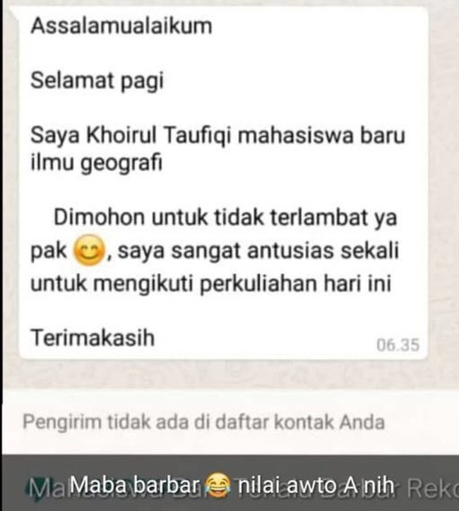 Kalau ada murid yang kelewat antusias sampai berani chat gurunya minta agar tidak terlambat gini, kira-kira gurunya bakal kasih nilai A nggak nih? Foto: Twitter/@txtdaripelajar