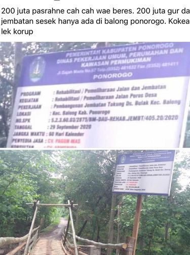 Sebuah jembatan bambu di Ponorogo sempat menjadi sorotan dan membuat heran warganet. Sebab, jembatan tersebut diduga dibangun dengan menghabiskan dana Rp 200 juta.