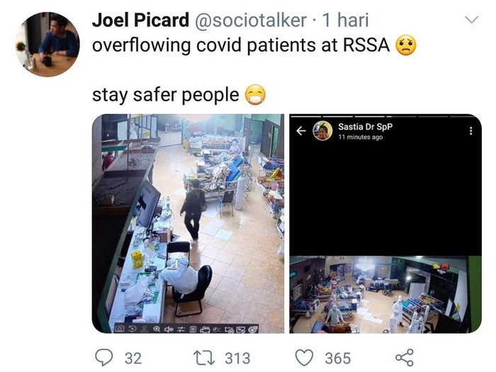Beredar foto di Twitter yang menerangkan bahwa RS dr Syaiful Anwar (RSSA) Kota Malang penuh. Sehingga banyak pasien COVID-19 dirawat di luar ruang isolasi.