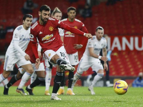 Manchester United Manchester United's Bruno Fernandes scores his side's sixth goal from a penalty kick during an English Premier League soccer match between Manchester United and Leeds United at the Old Trafford stadium in Manchester, England, Sunday Dec. 20, 2020. (Clive Brunskill/Pool via AP)