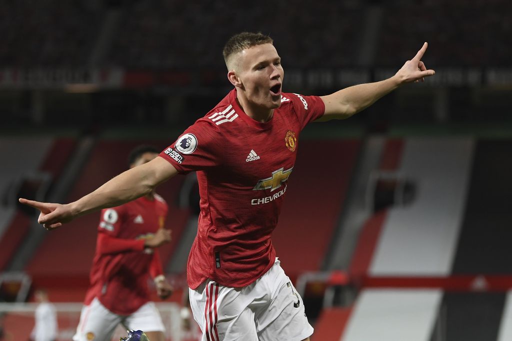 McTominay Manchester United's Scott McTominay celebrates his side's second goal during an English Premier League soccer match between Manchester United and Leeds United at the Old Trafford stadium in Manchester, England, Sunday Dec. 20, 2020. (Michael Regan/Pool via AP)