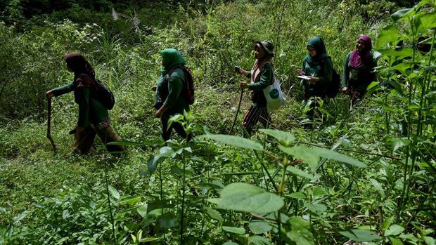 This picture taken on November 25, 2020 shows a group of women forest rangers patrolling in the forest of Bener Meriah, Aceh province. (Photo by CHAIDEER MAHYUDDIN / AFP) / TO GO WITH: Indonesia environment forests gender social, FEATURE by Alfath Asmunda
