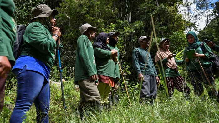 Perempuan Penjaga Hutan Aceh This picture taken on November 25, 2020 shows a group of women forest rangers patrolling in the forest of Bener Meriah, Aceh province. (Photo by CHAIDEER MAHYUDDIN / AFP) / TO GO WITH: Indonesia environment forests gender social, FEATURE by Alfath Asmunda
