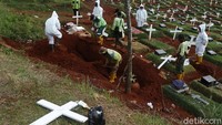 Petugas yang mengenakan APD lengkap bersiap untuk memakamkan jenazah.