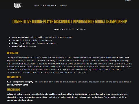 Tim Esports Loops Brasil Diskualifikasi dari PGMC 2020