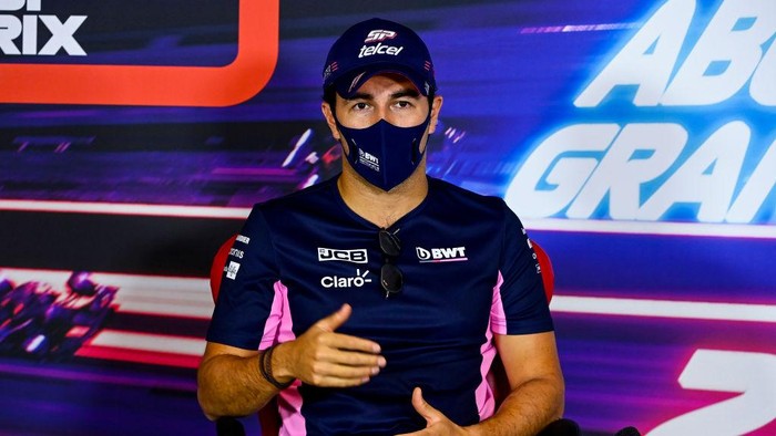 ABU DHABI, UNITED ARAB EMIRATES - DECEMBER 10: Sergio Perez of Mexico and Racing Point talks in the Drivers Press Conference during previews ahead of the F1 Grand Prix of Abu Dhabi at Yas Marina Circuit on December 10, 2020 in Abu Dhabi, United Arab Emirates. (Photo by Mark Sutton - Pool/Getty Images)