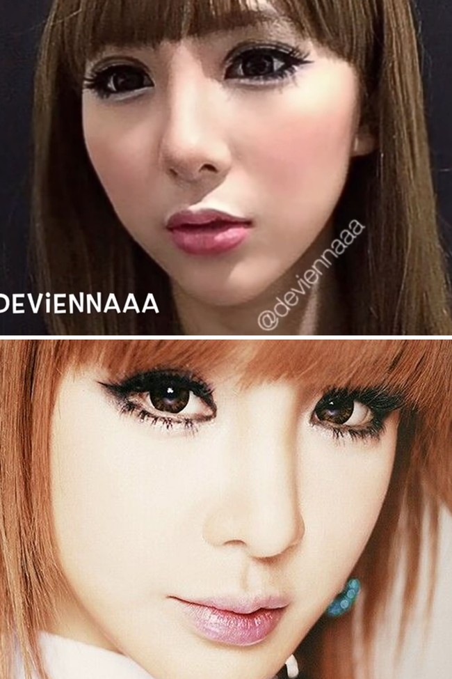 Sejak awal membuat tutorial di akun Devienna Makeup, selebgram ini memang sudah sering mengikuti gaya artis Korea. Salah satu look khas KPop yang di-recreate di awal-awal adalah Park Bom 2ne1. Menerapkan riasan mata yang lebih berat, Devienna tampak berbeda.Foto: Instagram/YouTube Devienna