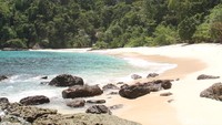 Tiba di Teluk Damai, kendaraan harus berhenti dan melanjutkan perjalanan dengan berjalan kaki atau tracking menuju ke Pantai Teluk Ijo selama kurang lebih 30 menit. Di sana, panduan menuju pantai telah tersedia. (Deny Prastyo Utomo/detikTravel)