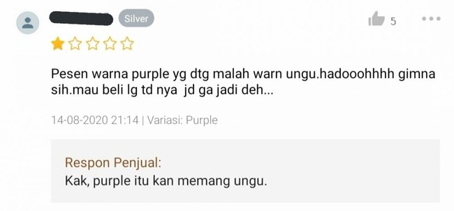 Purple kan memang ungu sis. Gimana nggak naik darah nih penjualnya kalau dikasih bintang satu karena hal ini.. Foto: Twitter/@txtdarionlshop