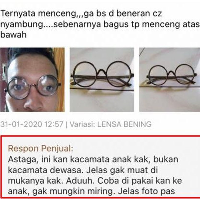 Yah bund, pembelinya salah paham lagi. Nggak heran deh kalau kacamatanya jadi terlihat kekecilan gitu. Ternyata oh ternyata.. Foto: Twitter/@txtdarionlshop