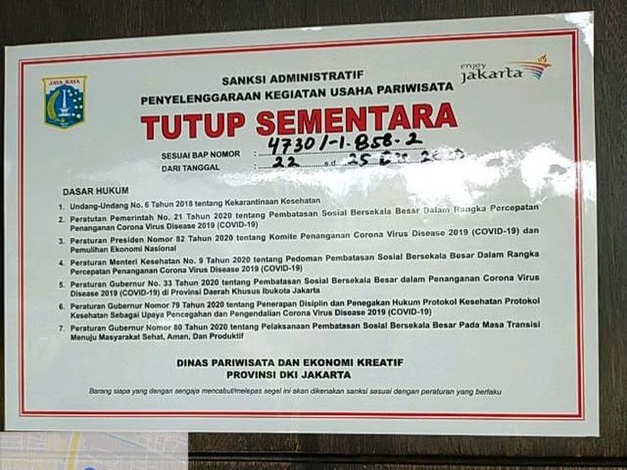 Hotel di Jakarta Barat disegel (Dok Istimewa)