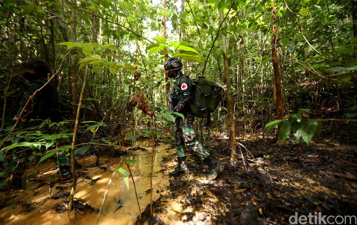 Personel TNI dari Yonif 407/Padma Kusuma melakukan patroli patok di Desa Seriang, Kecamatan Badau, Kalimantan Barat. Patroli dilakukan untuk meninjau batas teritorial Indonesia-Malaysia.