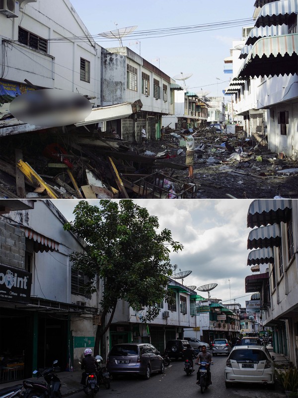 Foto atas menunjukkan betapa dahyatnya dampak tsunami pada 2004 silam. Sementara foto bawah menunjukkan aktivitas warga yang kembali berjalan norman. Ulet Ifansasti/Getty Images. Foto atas menunjukkan betapa dahyatnya dampak tsunami pada 2004 silam. Sementara foto bawah menunjukkan aktivitas warga yang kembali berjalan norman. Ulet Ifansasti/Getty Images.