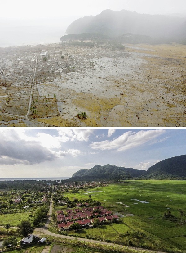 Foto atas menunjukkan permukiman warga yang rata usai diterjang tsunami 2004 silam. Sementara foto bawah menggambarkan suasana permukiman yang kembali dibangun beberapa tahun setelah bencana. Ulet Ifansasti/Getty Images. Foto atas menunjukkan permukiman warga yang rata usai diterjang tsunami 2004 silam. Sementara foto bawah menggambarkan suasana permukiman yang kembali dibangun beberapa tahun setelah bencana. Ulet Ifansasti/Getty Images.