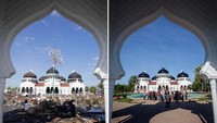 Foto ini menunjukkan Masjid Baiturrahman usai diterjang tsunami pada 2004 silam dan saat dikunjungi wisatawan pada 2014 lalu. Ulet Ifansasti/Getty Images.