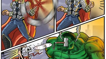 Thor keasyikan main dengan Mjolnir sampai menghantam mukanya Hulk. Foto: Lucas Nascimento via Bored Panda