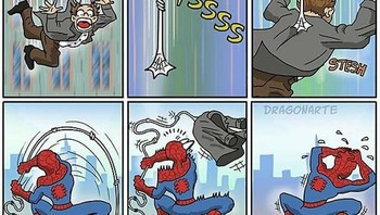 Ups! Niatnya menyelamatkan orang yang jatuh, jaring Spiderman cuma bisa menyelamatkan jasnya saja. Foto: Lucas Nascimento via Bored Panda