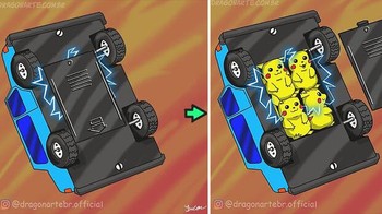 Mobil listrik Tesla pasti kalah sama mobil listrik yang ditenagai oleh empat Pikachu. Foto: Lucas Nascimento via Bored Panda