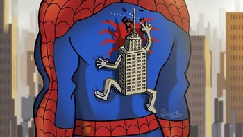 Giliran Empire State Building yang memanjat punggung Spiderman. Foto: Lucas Nascimento via Bored Panda