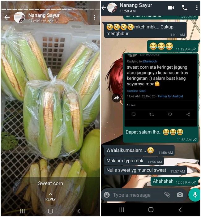 Harusnya sweet corn mba bukan sweat corn. Kalau sweat corn berarti jagungnya keringetan dong? Ada yang mau beli keringat jagung? Foto: Twitter/@belindch