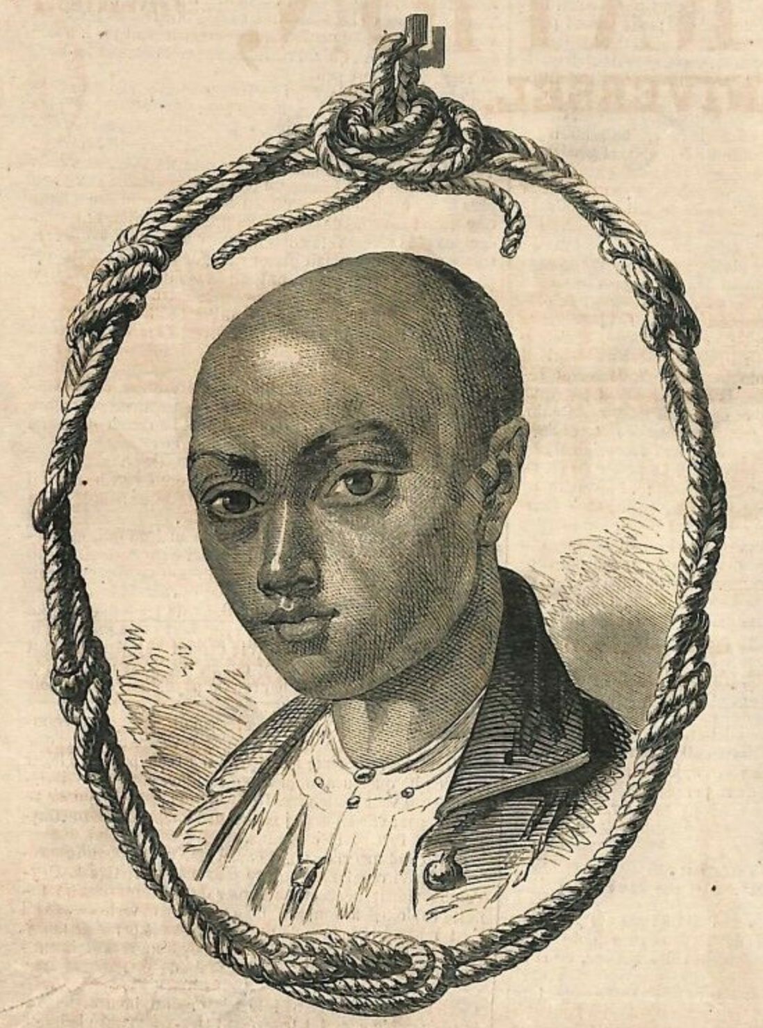 Gambar interpretasi sosok Oei Tambah Sia, oleh MG de Coudray, dimuat di majalah Prancis, L'Illustration tahun 1857. (Public Domain via Wikimedia Commons)
