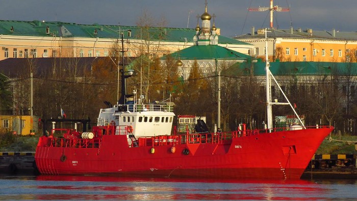 In this photo released by Alexander Kokorin, fishing trawler Onega is moored in Arkhangelsk, Russia, Oct. 31, 2020. Russian emergency officials say a Russian fishing trawler has sank in the northern Barents Sea and 17 of its crew have gone missing. They say two crew members have been rescued. The Russian Investigative Committee said the vessel with 19 crew on board capsized and sank on Monday morning, Dec. 28, 2020. (Alexander Kokorin via AP)