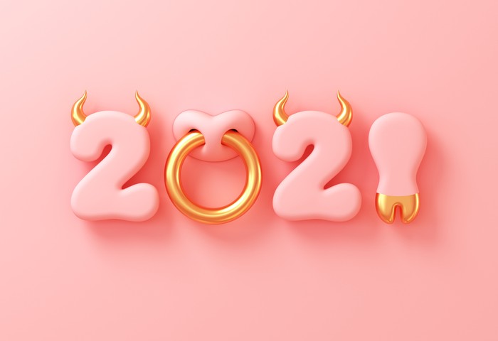 Shio kerbau logam 2021 2021 With Numbers As Bull Horns, Hoof And Nose Ring On Pink Background. Concept Of Chinese New Year Of The Ox. 3D Illustration.
